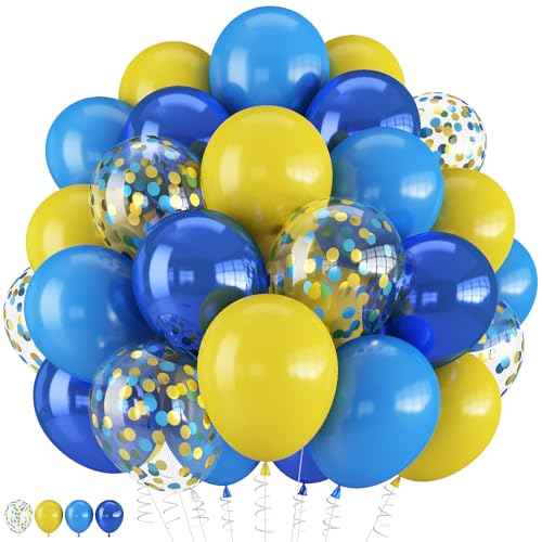 Image of Blue and Yellow Balloons, 12 Inch Double Stuffed Chrome Royal Blue and Yellow Confetti Latex Balloons for Graduation Celebrations Prom Baby Shower Birthday Party Decorations