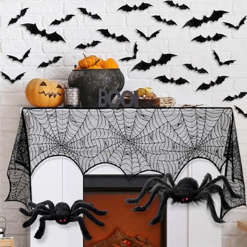 Écharpe de cheminée Halloween noire avec araignées en peluche et chauves-souris 3D
