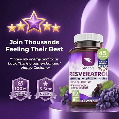 Image of Resveratrol 1600mg - 90 Capsules | Trans-Resveratrol Antioxidant Supplement with Natural Green Tea, Grape Seed Polyphenols & Quercetin, Supports Digestive, Heart Health, Immune System, Brain Function