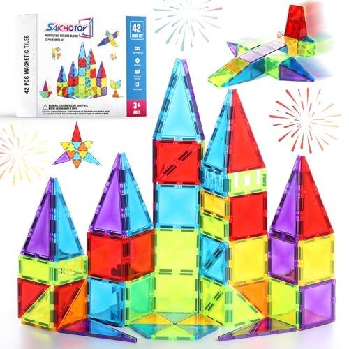Image of Saichotoy Magnetic Tiles Toddler Toys: 42PCS Magnet Tiles Building Blocks, Montessori Toys STEM Learning Toys, Birthday Gift for Kids Ages 3-5, 4-8
