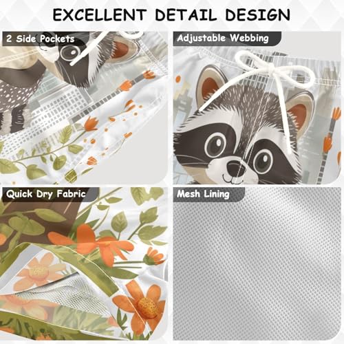 DOMIKING Raccoon Flowers White Boys' Pull On Swim Trunks Quick Dry Boardshorts with Mesh Lining for Swimming Hiking M3