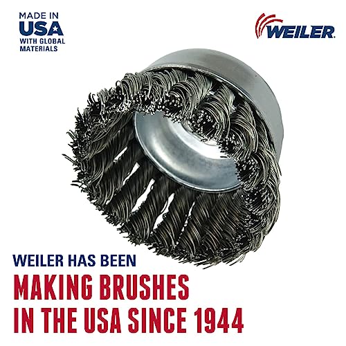 Image of Weiler 13282 2-3 /4 inch Single Row Knot Wire Cup Brush, .020 inch Steel Fill, M10 x 1.50 Nut, Made in the USA