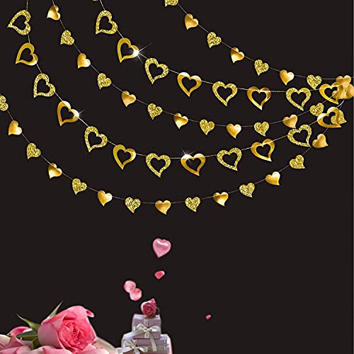 Glitter Gold Heart Garland Shiny Valentines Day Decoration Mothers Day Banner Backdrop Hanging Decor For Engagement Bachelorette Wedding Bridal Shower Streamer Anniversary Party Supplies #TOP30