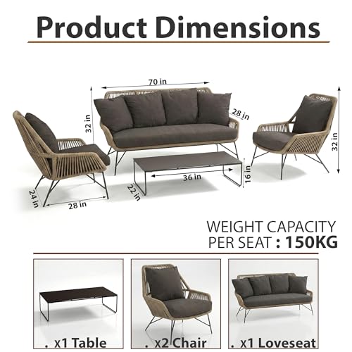 Image of Amazon Brand - Solimo Solix Outdoor Rope Sofa Set | Balcony Sofa | Patio Conversation Sets | Braided Rope Garden Sofa Set and Center Table (5 Seater- Beige+Brown)