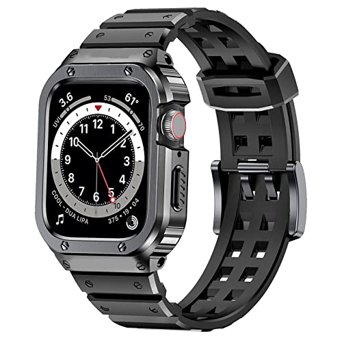 SUPLINK Compatible with Apple Watch Strap 44 mm with Bumper Case,Mens Stainless Steel Metal Rugged Protective Cover with TPU Strap for iWatch Series 6 SE 5 4(Space Grey)