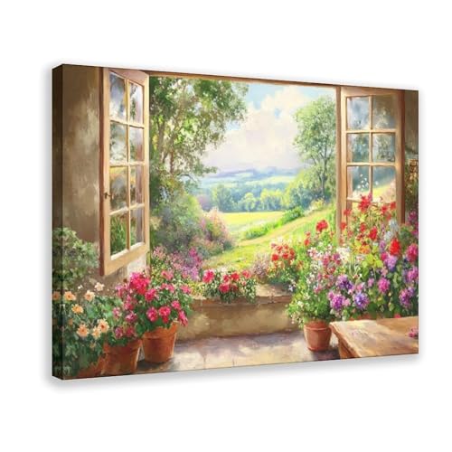 English Cottage Floral Window Wall Art – Oil Painting Style