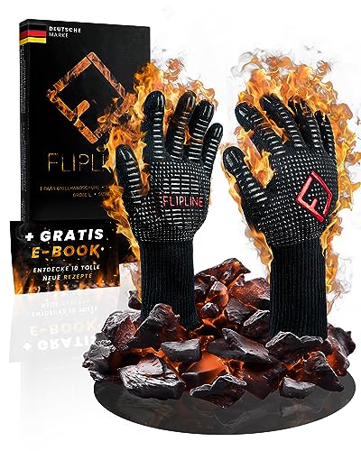 FLIPLINE® Gants de Gril résistants à la Chaleur - Gants ignifuges de qualité supérieure, Gants de Four, Gants de Cuisson, Gants de Cuisson pour Cuisine et Grill - Gants de Barbecue avec E-Book (L)