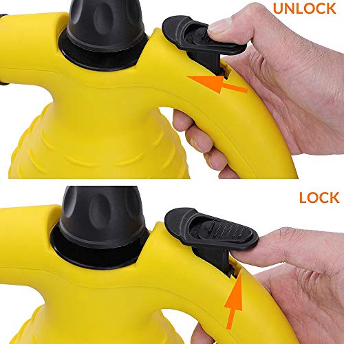 Bakaji Tragbarer Dampfreiniger, Leistung 1050 W, Druck 3,2 bar, 28 g/min, Tank 300 ml, schnelle Erwärmung mit drehbarem Auslauf, 360 Grad, Sicherheitsverriegelung und Zubehör für zu Hause (Gelb)