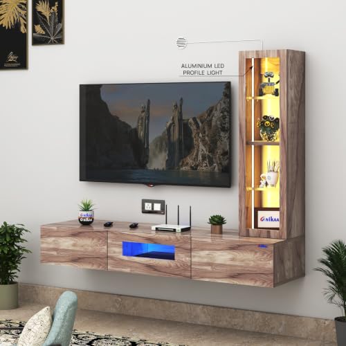 Image of Anikaa Lucen Ultra Modern Wall-Mounted TV Unit with Storage Cabinet and Light |3 Flip-Down Storage Doors Acrylic Shelves & Engineered Wood Construction | Fits Up to 55 Inch TV | Coachwood Finish | DIY