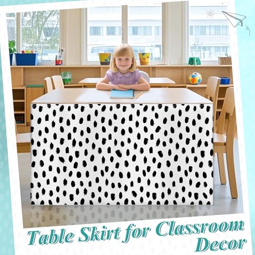 Image of 9FT Irregular Polka Dots Table Skirt Teacher Desk Skirt for Black and White Classroom Decor Rectangle Back to School Table Cloth Birthday Party Supplies for Kindergarten Office Dorm Bookcase Cabinet