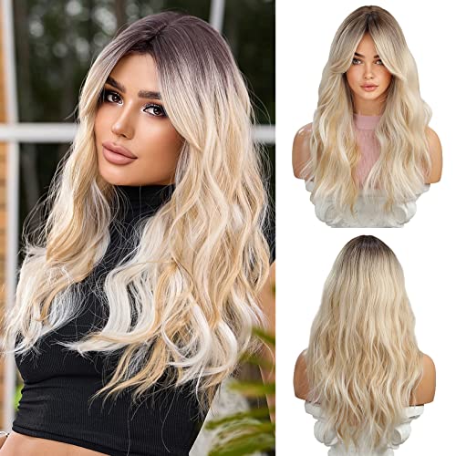 OUFEI Blonde Wigs for Women Long Curly Wig With Bangs Wavy wig with Dark Roots Natural Synthetic Hair for Daily Party Cosplay Wear-24 Inches