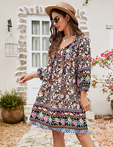 Image of Bluetime Women Casual Summer Dress Boho V Neck 3 /4 Sleeve Babydoll Floral Print Flowy Beach Dress