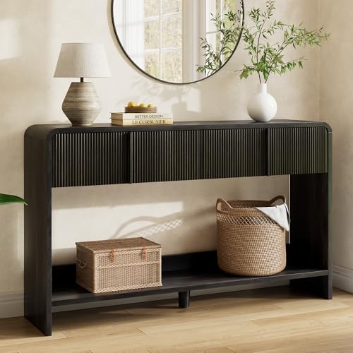 Image of AMERLIFE 55 inch Fluted Console Table with 2 Drawers and Open Shelf, Modern Entryway Table with Rounded Edges, Wood Sofa Table for Hallway, Foyer, Behind Couch, Living Room, Black