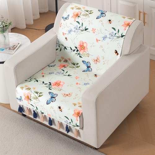 Image of HOKIPO Sofa Cover with Tassel for 1 Seater Sofa | Full Protection for Seat and Back | Printed Holland Velvet Fabric | 'Whispers of Nature' (160x60 cm), Pastel Butterfly Meadow (IN-1125-D2)