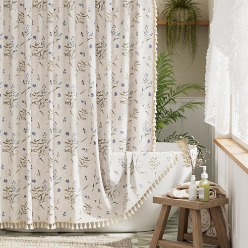 Bathway Farmhouse Floral Shower Curtain Blue Green Linen Textured Shower Curtains Rustic with Three Sides Tassel Vintage Cottage Spring Shower Curtain with 12 Metal Hooks for Bathroom 72 W x 72 L