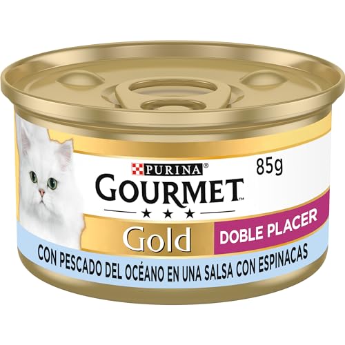 GOURMET Gold Doble Placer, Comida Húmeda para Gato Adulto, Trocitos de Pescado del Océano en salsa con Espinacas, Pack de 24 Latas de 85 g