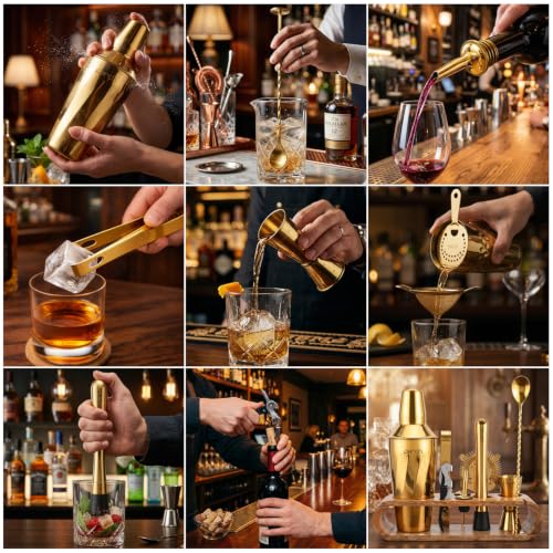 Image of O' Holic by Perch 10-Piece Bartender Kit with Mango Wooden Stand|Cocktail Shaker Gift Set with Jigger,Strainer,Spoon,Muddler, Pourers, Tongs & Corkscrew|Home Bar Accessories for Mixing Drinks (Golden)