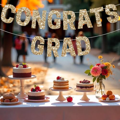 Image of Gold Congrats Grad Banner Garland,Glitter Graduation Party Banner, Gold Grad Congrats Class of 2026 Party Decorations for College High School Graduation Party Supplies (Congrats Grad Letter)