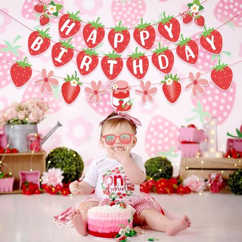 Image of SUNBEAUTY Strawberry Happy Birthday Banner, Berry Sweet Red Fruit Party Hanging Banner, Strawberry Birthday Decorations for Girls 1st Birthday Baby Shower Party Decoration | Pre-Strung