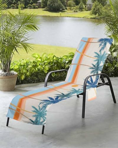 Summer Palm Tree Beach Chair Towel Covers for Chaise Lounge with Side Pocket, Soft Plush Pool Towels Cover for Patio Sunbathing Outdoor 29''x85'' Boho Geometric Contemporary Beach