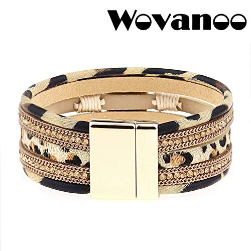 Wovanoo Leopard Leather Wrap Bracelets For Women Multilayer Cuff Bangle With Magnetic Buckle Gift For Birthday, Mother's Day, Valentine's Day Round Buckle #TOP3