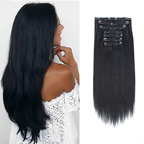 Sassina Luxury Remy Clip in Extensions Double Wefts, 100% Human Hair Lace Clip ins Full Head , 7 Pieces with 18 Clips Jet Black #1, 22 Inch 140 Grams
