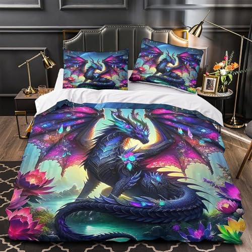 Housse de couette dragon avec fermeture éclair cachée et parure microfibre 3D