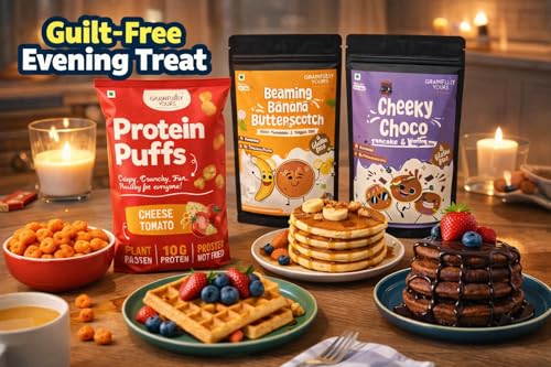 Image of Grainfully Yours Healthy Breakfast & Snack Combo - Pancake & Waffle Mix Cheeky Choco & Banana Butterscotch, Cheesy Tomato Protein Puffs, High Protein, Plant-Based, No Preservatives
