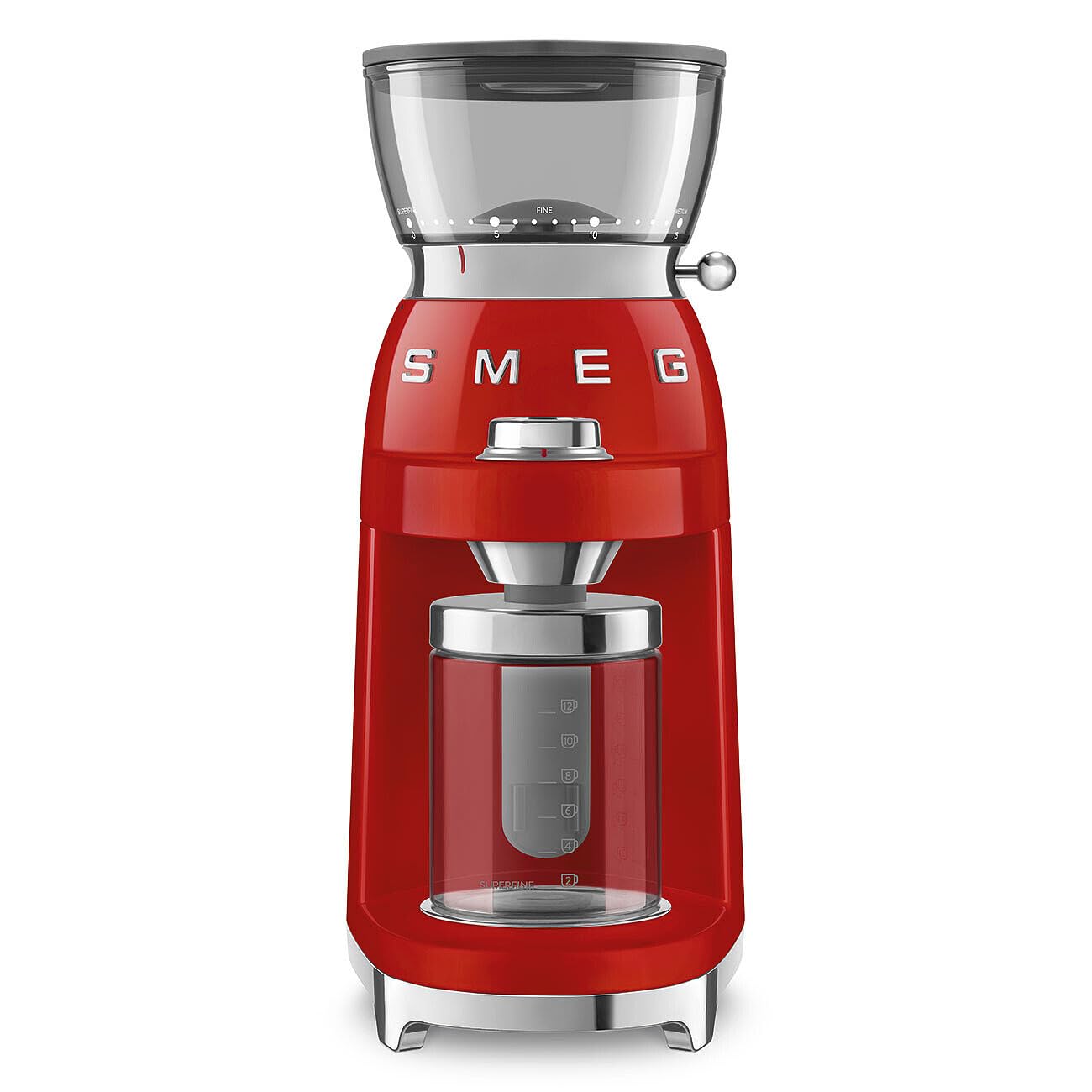 Smeg, Molinillo de café CGF03RDEU, 15 niveles de molienda, recipiente de granos de café de 240 g, molienda ajustable, con sistema antiestático, 150 W, color rojo