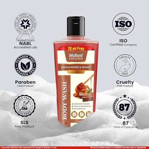 Image of Multani Naturals Sandalwood & Honey Body Wash I Ayurvedic Body Wash with Sandalwood & Almond Oil and Aloe Vera Extracts for Men & Women - its Unisex I Herbal Body Cleanser for Healing & soothing your Body I Paraben Free I Sulphate Free I Kind to All Skin Types I (270ml)