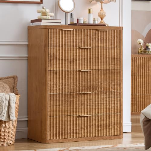 Image of LEYAOYAO Fluted 6 Drawers Dresser for Bedroom, 42 inch Tall Modern Chest of Drawers with Metal Handle,Curved Profile Design,Wood Drawer Organizer for Bedroom, Living Room, Hallway, Brown