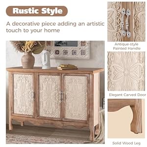 Accent cabinet rustic storage cabinet with 3 carved doors vintage sideboard buffet cabinet with shelves wood entryway cabinet for kitchen dining room living room bedroom natural  urban country home decor