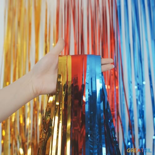 Image of Gold Red Blue Party Backdrop - GREATRIL Tinsel Fringe Curtain for Paw Birthdays Decorations 2 Packs