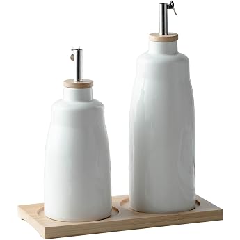 Olive Oil and Vinegar Dispenser Set 420 ml & 280 ml Ceramic Oil and Vinegar Bottles with Bamboo Tray 2 Pieces Oil Containers with Funnel and Labels