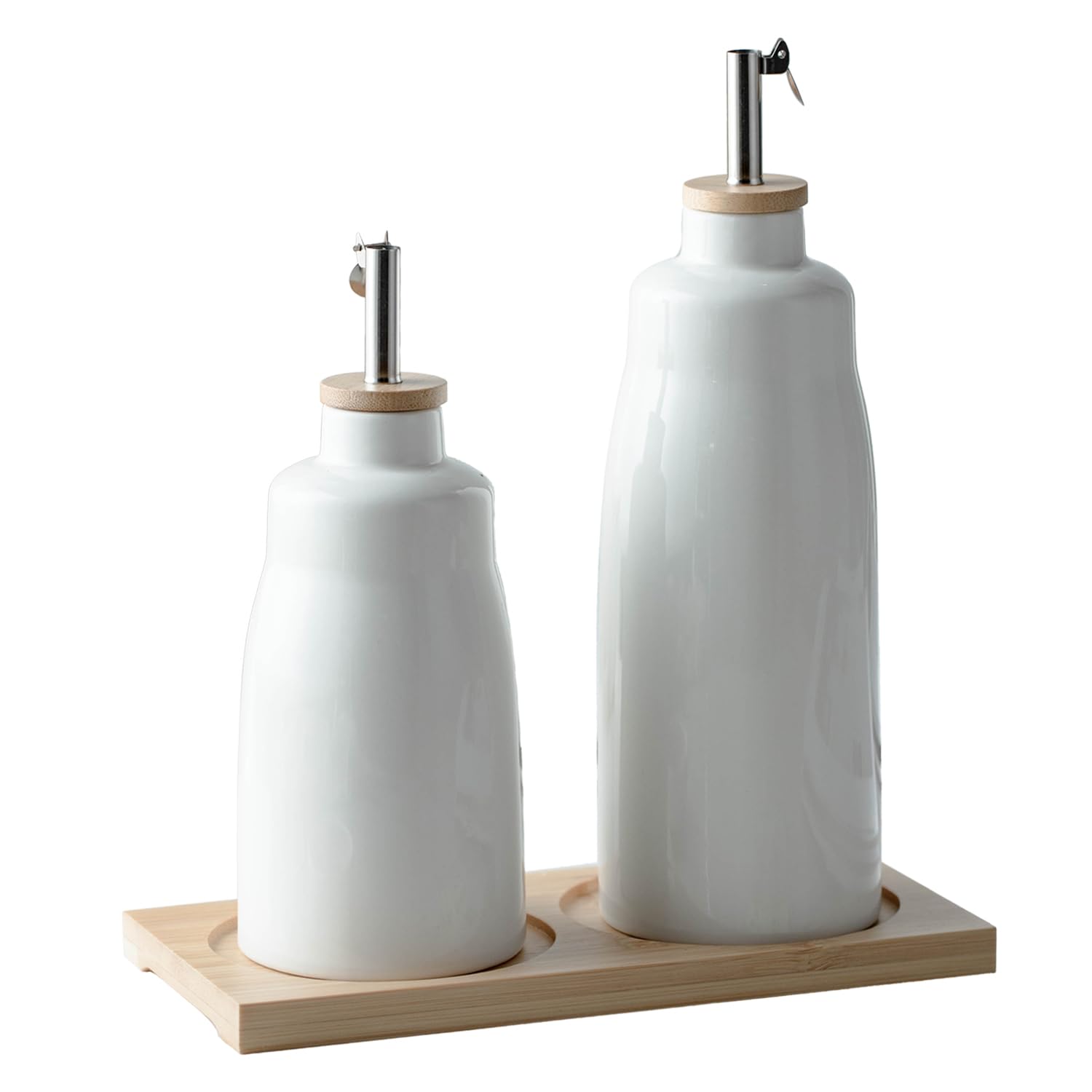 Set dispenser per olio d'oliva e aceto, bottiglie in ceramica per olio e aceto da 420 ml e 280 ml, con vassoio in bambù, 2 contenitori per olio con imbuto ed etichette.