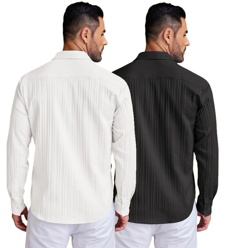 Image of DEELMO Combo of Men's Casual Button Down Shirts Long Sleeve Linen Shirt Fashion Textured Summer Shirts Pack of 2