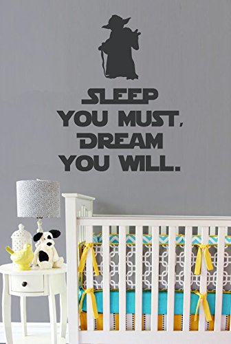 Sleep You Must, Dream You Will Vinyl Wall Decal - Star Wars Style Yoda Silhouette and Quote - Removable Text Wall Decal - Star Wars Decals for Kids - 22" x 27" in Vader Black