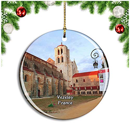 Weekino Vezelay France La Basilique Sainte Marie-Madeleine Christmas Ornament Xmas Tree Decoration Hanging Pendant Travel Souvenir Collection Double Sided Porcelain 2.85 Inch