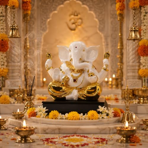 Image of Premium Lord Ganesha Statue - White & Gold Ceramic Ganpati Idol - Luxury Hindu God Figurine for Home Decor, Pooja Mandir, Office, and Auspicious Gifting