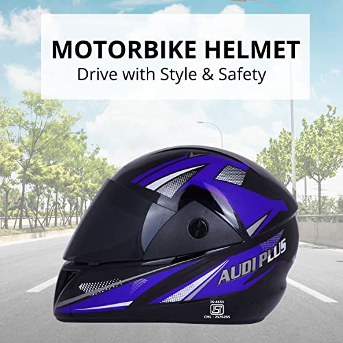 Image of Sage Square ABS ISI Certified Tinted Visor High Standard Safety Enhanced Design Extra Comfort Plus Full Face Graphic Helmet (Black Glossy, Blue, Size: Large)