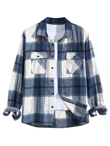 Image of ZAFUL Unisex Plaid Flannel Shirt Jacket Button Down Long Sleeve Pocket Coat Outwear | Mens Fall Clothes Lightweight Long Sleeve Button Down Flap Pocket Jacket Tops for Fall&Winter 2026