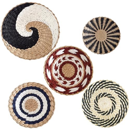 Cesta de pared tejida con gancho tejido juego de 5 césped colgante decoración de pared tejida pared tejida colgante arte de pared decorativo natural para sala de estar dormitorio, hotel, restaurante