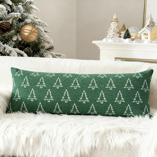 Image of Reversible Christmas Pillow Covers 14x36, Chenille Double-Sided Snowflake & Tree, Cozy Farmhouse Holiday Throw Pillowcases with Hidden Zipper for Sofa, Couch and Bed(Green,36x14)