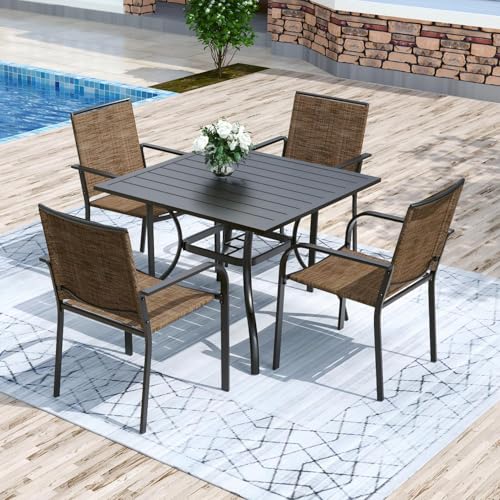 Image of Anmutig 5 Piece Patio Dining Set, Outdoor Stackable Chairs and 35 inch Square Metal Patio Table with 1.57 inch Umbrella Hole for Garden Backyard Deck, Brown