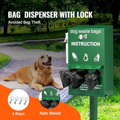 Image of VEVOR Dog Poop Bag Dispenser with Hand Wash Bottle, Lockable Outdoor Dog Waste Bag Holder with 600 Waste Bags, Stake, Pole, Fence & Wall Mounted Dog Poop Bag Storage, Pet Waste Station for Porch, Lawn