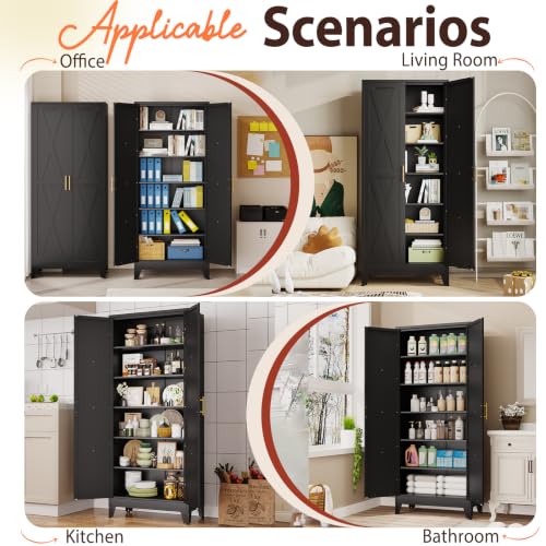 Image of PAOFIN 75 inch H Tall Kitchen Storage Cabinet with Doors | Freestanding Pantry Cabinet,Farmhouse Food Storage Cabinets,Tall Cabinets for Kitchen, Dining Room, Living Room(Black)
