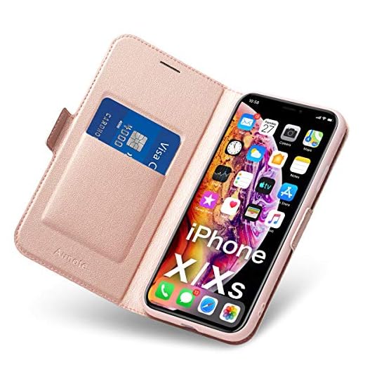 Fodral iPhone X/XS, Fall iPhone X/XS, Mobilskal iPhone 10 med Korthållare, Magnetisk Stängning, Ställ, Hülle/Handyhülle/Schutzhülle-Fullständigt Skydd Apple X/XS, Flip/Folio Phone Case. Rosa Guld