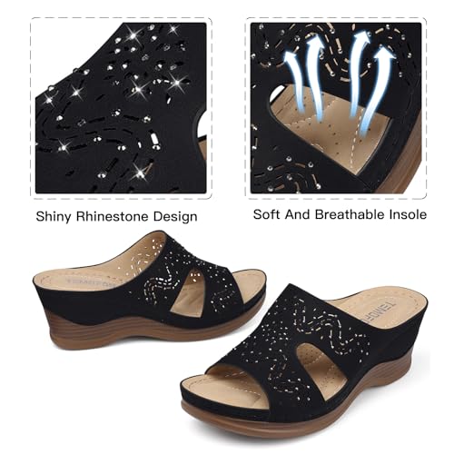 Image of TEMOFON Women Wedge Sandals Dressy: Comfortable Lightweight Summer Shoes | Low Wedge Heel - Fit Wide Feet - Comfy Stylish Slip on Sandals Size 5-11