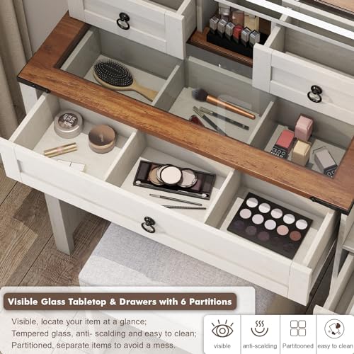 Image of Farmhouse Makeup Vanity Desk with Sliding Mirror and Lights, 42 Wood Vanity Table Set with Glass Top, Power Outlets, Jewelry Storage Cabinet, 4 Drawers, Stool for Country Room Decor, Antique White