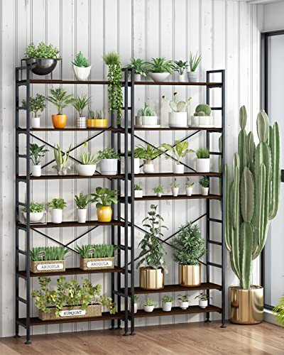 Cosystar 6-Tier Adjustable Tall Bookcase, Rustic Wood And Metal Standing Bookshelf, Industrial Vintage Book Shelf Unit, Open Back Modern Office Bookcases, Dark Brown #TOP1